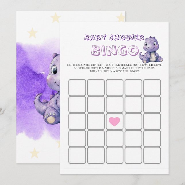 Trendy niedlich Lila Dinosaur Babydusche Bingo (Vorne/Hinten)