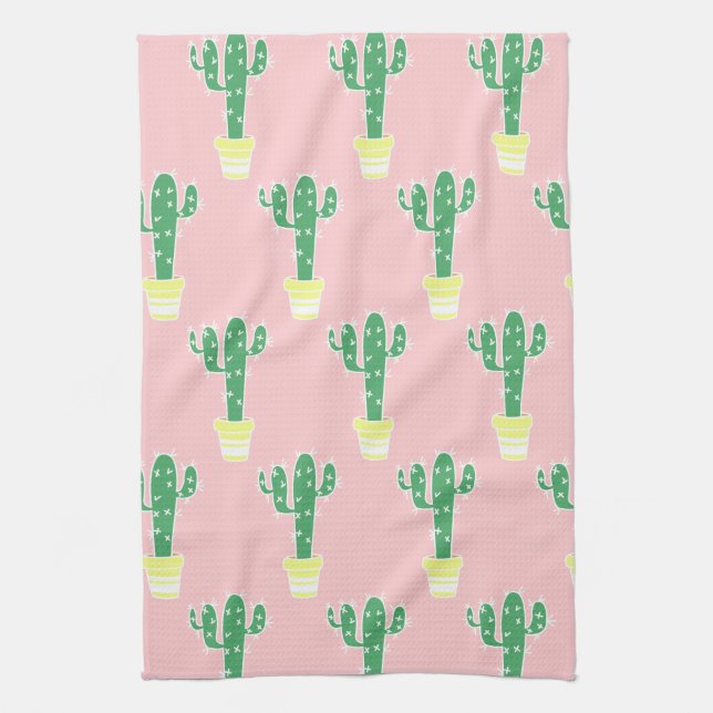 Trendy Niedlich Potted Cactus & Pink Geschirrtuch (Vertikal)