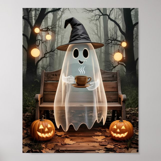 Trendy Niedlicher Geist mit Kaffee im Wald Poster (Vorne)