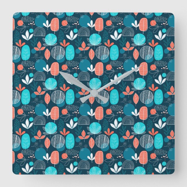 Trendy Nordic dusty blue navy copper rust floral Quadratische Wanduhr (Vorderseite)