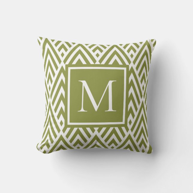 Trendy Olive Green Monogram Diamond Muster Kissen (Vorderseite)