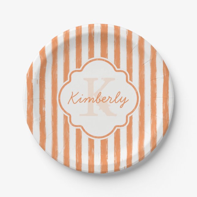 Trendy Orange Painted Stripes Monogramm und Name Pappteller (Vorderseite)