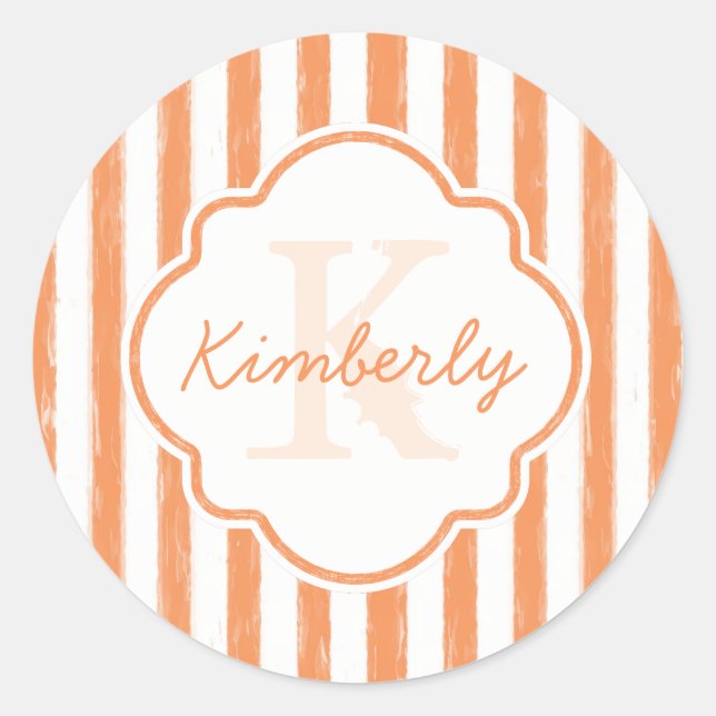 Trendy Orange Painted Stripes Monogramm und Name Runder Aufkleber (Vorderseite)