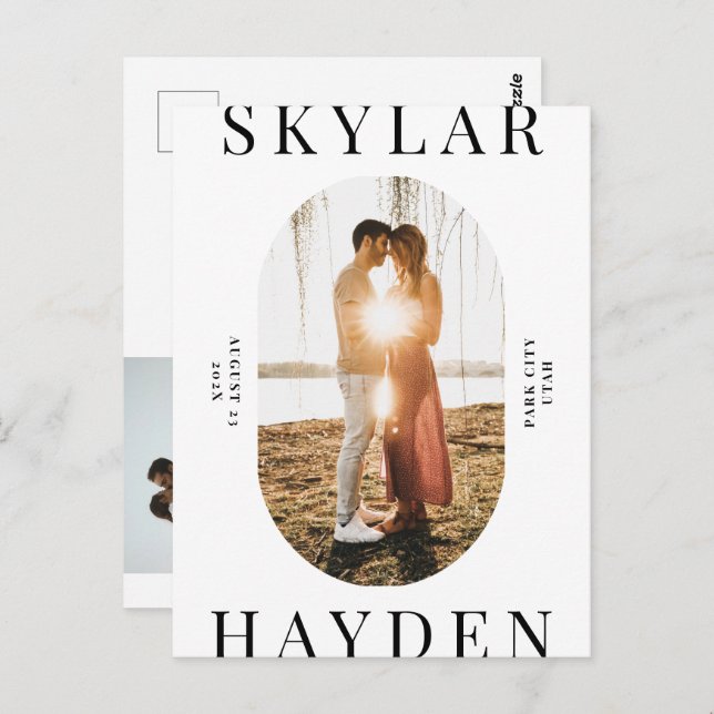 Trendy Oval Foto Modernes Save the Date Postkarte (Vorne/Hinten)