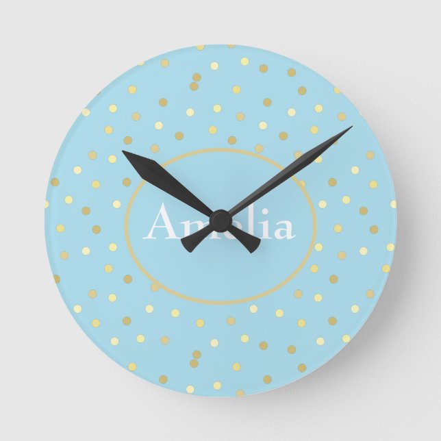 Trendy Pastel Blue Gold Confetti Dots  Runde Wanduhr (Vorderseite)