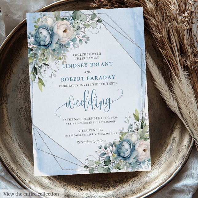 Trendy Pastel Blue White Silver Blume Hochzeit Einladung (Trendy Pastel Blue White Silver Flowers Wedding Invitation)