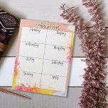 Trendy Pastel Color Paint Splashes Weekly Planner Notizblock<br><div class="desc">Bleibe mit unserem individuell anpassbaren Notizblock, der Ihnen bei der effektiven Verwaltung Ihrer Woche hilft! Die in Pastellfarben und Rosa-, Orange- und Gelbtönen gehaltene Designervorlage ist sorgfältig in acht Abschnitte unterteilt, eine für jeden Wochentag und ein zusätzlicher Platz zum Zusammenwirken von Noten. Die elegante Touch des kursiven schwarzen Schriftartes verleiht...</div>