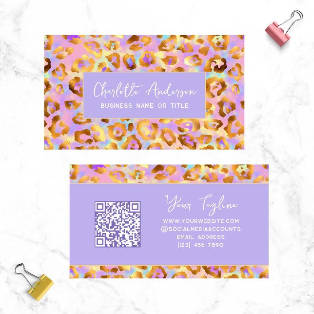 Trendy Pastel Modern Gold Leopard Print QR Code Visitenkarte (Von Creator hochgeladen)