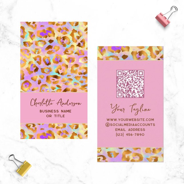 Trendy Pastel Modern Gold Leopard Print QR Code Visitenkarte (Von Creator hochgeladen)