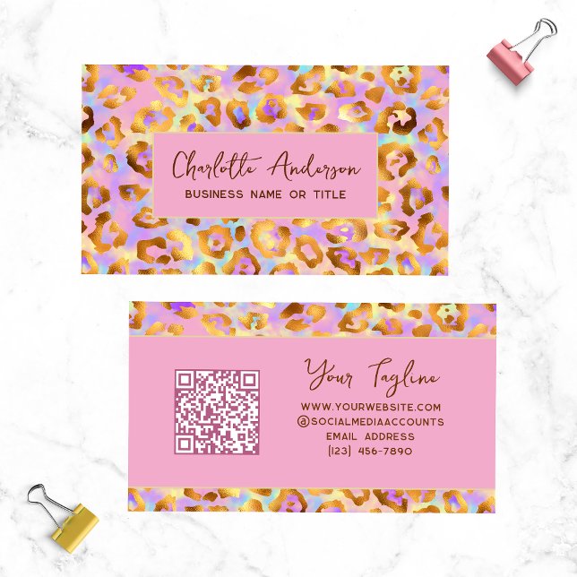 Trendy Pastel Modern Gold Leopard Print QR Code Visitenkarte (Von Creator hochgeladen)