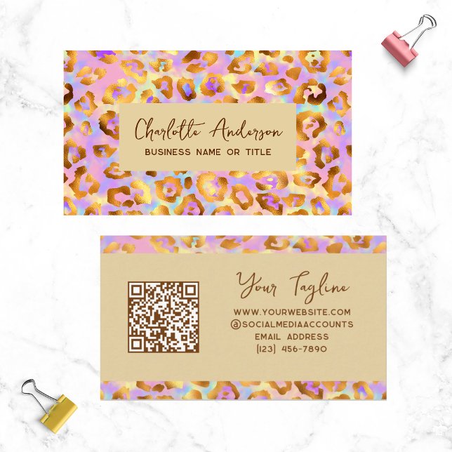Trendy Pastel Modern Gold Leopard Print QR Code Visitenkarte (Von Creator hochgeladen)