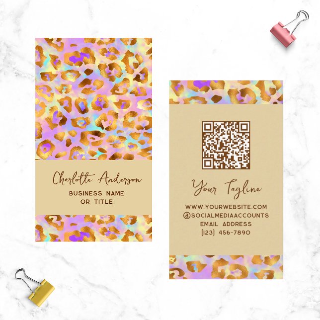 Trendy Pastel Modern Gold Leopard Print QR Code Visitenkarte (Von Creator hochgeladen)