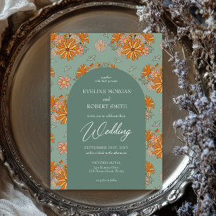 Trendy Pastellfarben Retro Groovy Blume Hochzeit Einladung