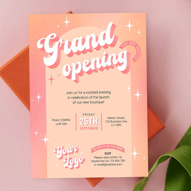Trendy Peach Pink Salon Wellness-Center Boutique G Einladung (Create modern and fun business launch event invitations with this Retro Groovy Business Invitation)