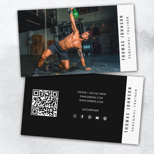 Trendy Personal Trainer Fitness Foto QR Code Visitenkarte (Trendy Personal Trainer Fitness Photo QR Code Business Card)