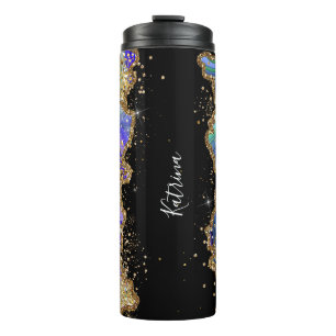 Trendy Personalisiert Blue Gold Agate Marble Glitz Thermosbecher