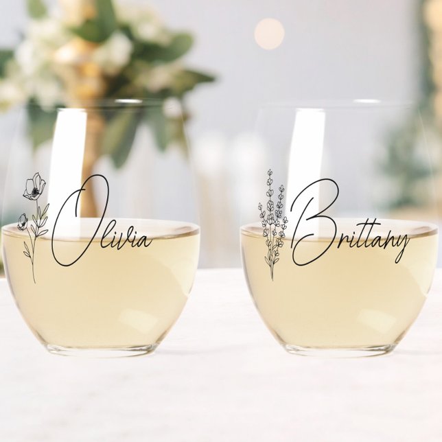 Trendy Personalisiert Floral Bridesmaid Weinglas Ohne Stiel (maid of honor wine glass,bridesmaid wine glass with name,wildflower floral bridesmaid gifts,)