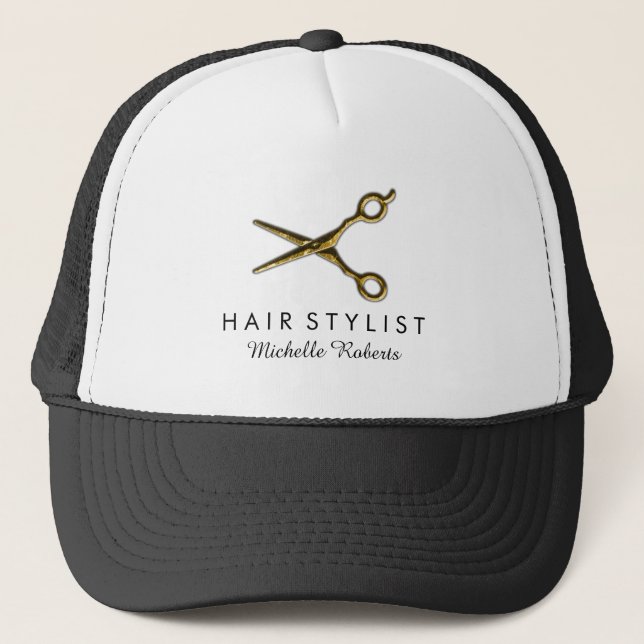 Trendy Personalisiert Gold Scissors Hair Salon Truckerkappe (Vorderseite)
