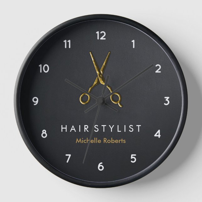 Trendy Personalisiert Modern Black Gold Haairstyli Uhr (Vorderseite)