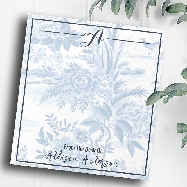 Trendy Personalisiert Monogram Blue Floral Toile Notizblock (Von Creator hochgeladen)