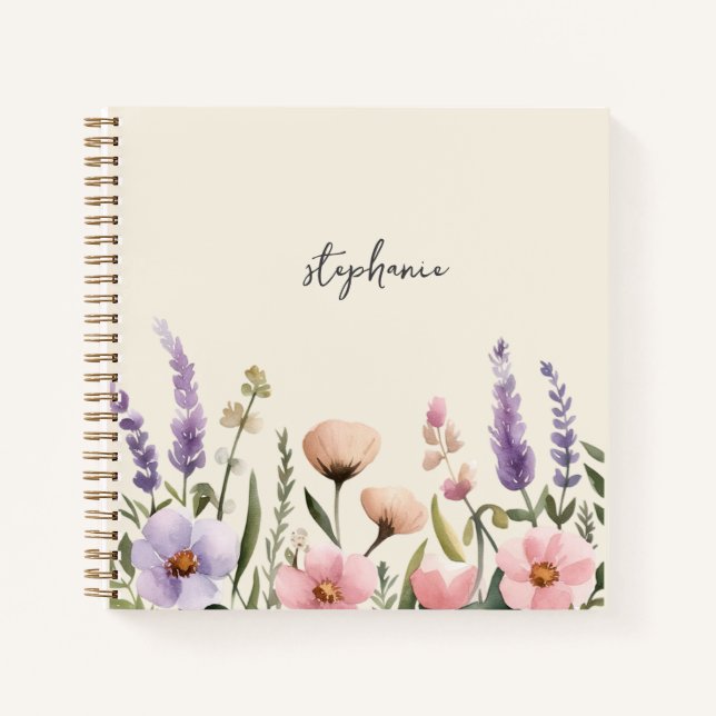 Trendy Personalisiert Name Watercolor Wildblume Notizbuch (Vorderseite)