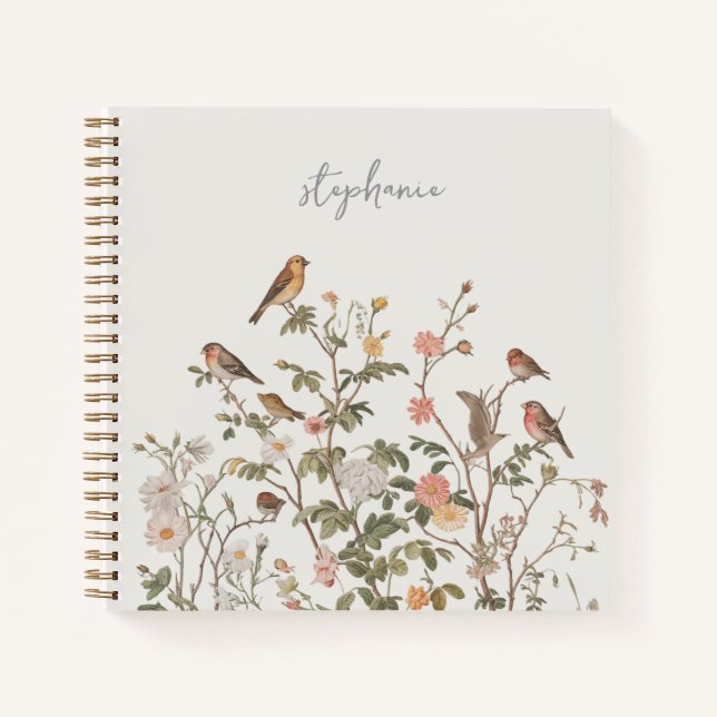 Trendy Personalisiert Name Wildblumen & Vögel Notizbuch (Vorderseite)