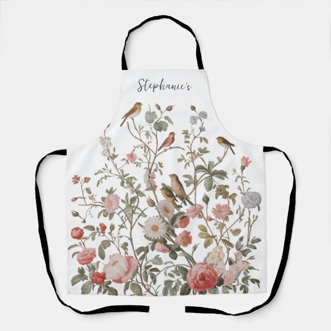 Trendy Personalisiert Name Wildblumen & Vögel Schürze (Vorderseite)
