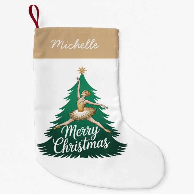 Trendy Personalized Ballerina Christmas Tree Gold Kleiner Weihnachtsstrumpf (Vorderseite)