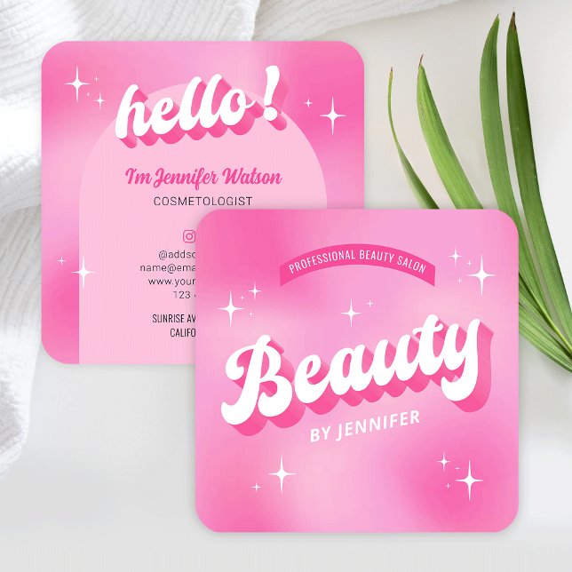 Trendy Pink Beauty Salon Retro Girly Groovy Lashes Quadratische Visitenkarte (Girly beautician business cards in pink, featuring retro nostalgia style fonts and groovy design)