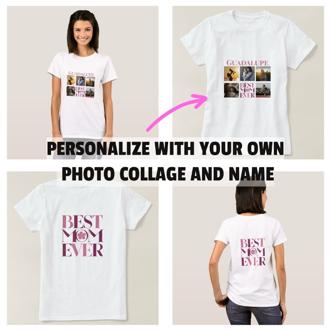 Trendy Pink Beste Mama je Fotolage T-Shirt (Trendy Pink Best Mom Ever Photo Collage T-Shirt)