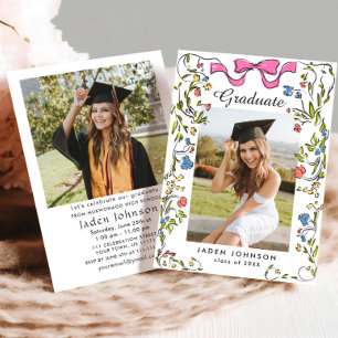 Trendy Pink Bow Coquette 2 FOTO Graduation Party Einladung