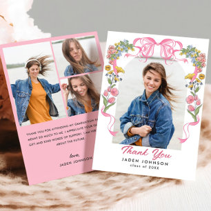 Trendy Pink Bow Ribbon 4 FOTO Graduation Party Dankeskarte