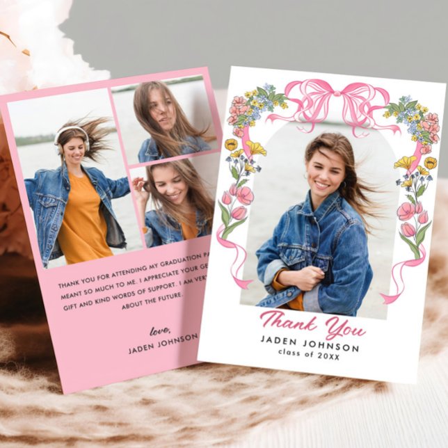 Trendy Pink Bow Ribbon 4 FOTO Graduation Party Dankeskarte (Von Creator hochgeladen)