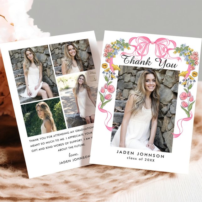 Trendy Pink Bow Ribbon 5 FOTO Graduation Party Dankeskarte (Von Creator hochgeladen)