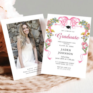 Trendy Pink Bow Ribbon FOTO Graduation Party Einladung