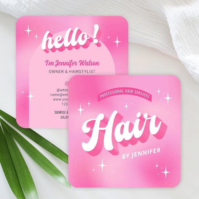 Trendy Pink Fairstylist Salon Retro Groovy Hair Quadratische Visitenkarte (Trendy hair business cards in girly pink colors featuring retro groovy fonts and sparkles)