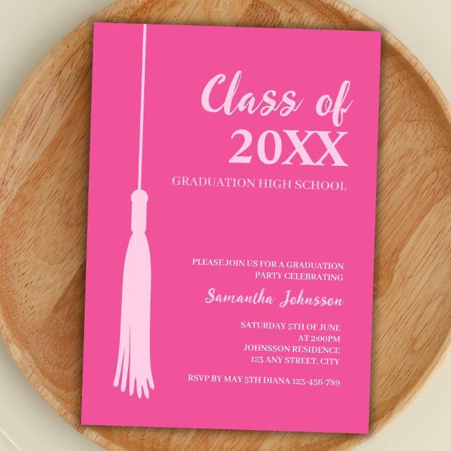 Trendy Pink Feminine 2025 Grad Tassel Abschluss Einladung (graduation party invitation class of 2024 feminine minimalist trendy hot pink grad tassel)