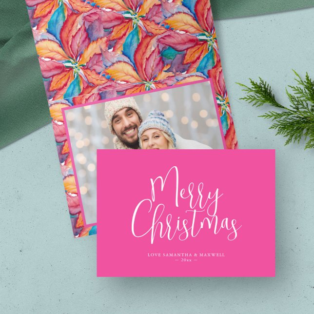 Trendy Pink Frohe Weihnachten (Christmas card pink folded watercolor art and design by Victoria Grigaliunas of Do Tell A Belle)