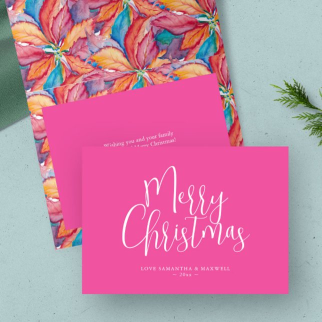 Trendy Pink Frohe Weihnachten (Christmas cards unique pink and watercolor poinsettia by Victoria Grigaliunas of Do Tell A Belle)