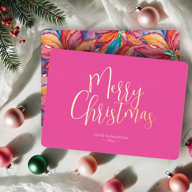 Trendy Pink Frohe Weihnachten Folien Feiertagskarte (Colorful pink Christmas cards with multi color watercolor poinsettia art Do tell A Belle)