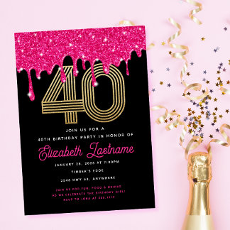 Trendy Pink Glitzer Tropfen 40. Geburtstag Einladu Einladung