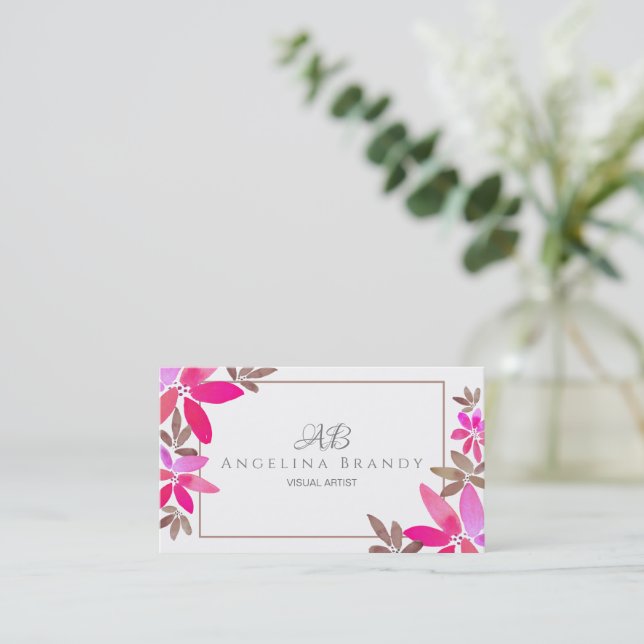 Trendy Pink & Grau Watercolor Floral Business Card Visitenkarte (Stehend Vorderseite)