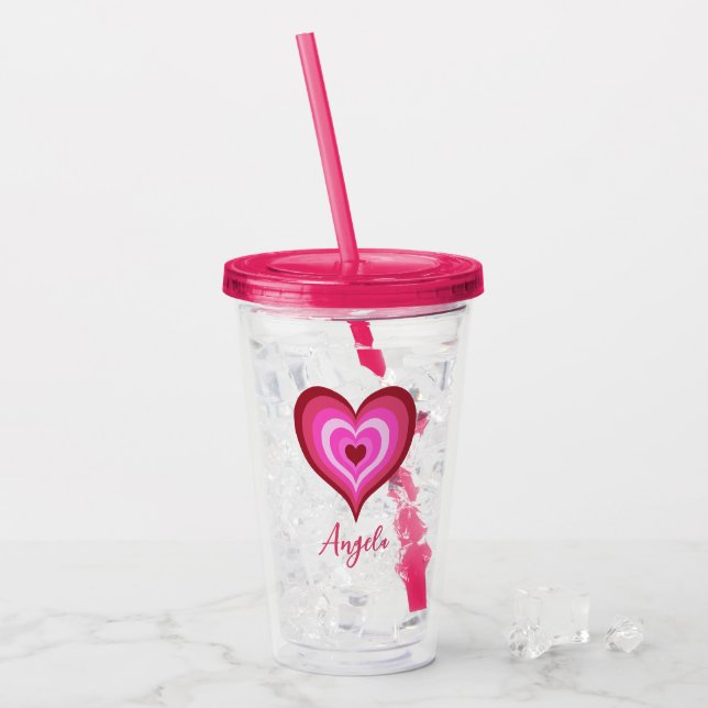 Trendy Pink Heart Individuelle Name Valentinstag Acryltrinkbecher (Vorderseite Ice)