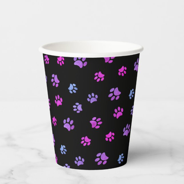 Trendy Pink Lila Blue Paw Prints Pet Party Pappbecher (Vorderseite)