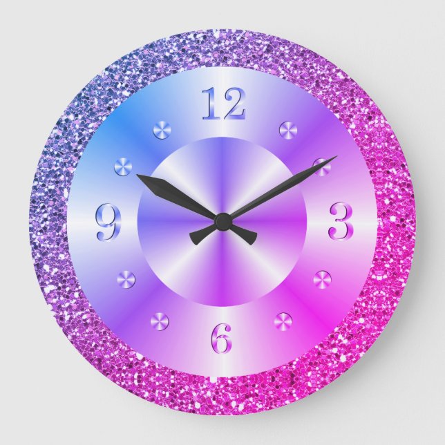 Trendy Pink Lila Glitzer Sparkle Große Wanduhr (Vorderseite)