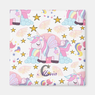 Trendy Pink Lila Gold Unicorn Name Monogram Magnet