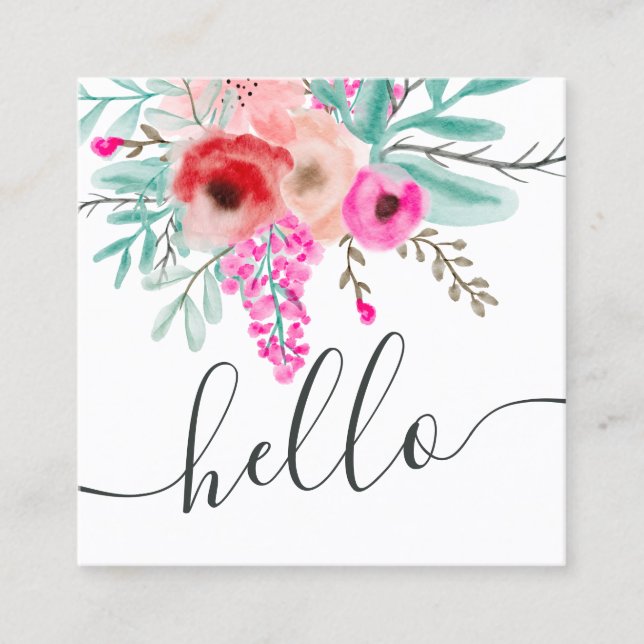 Trendy Pink Minze floral Aquarell hello Skript Quadratische Visitenkarte (Vorderseite)