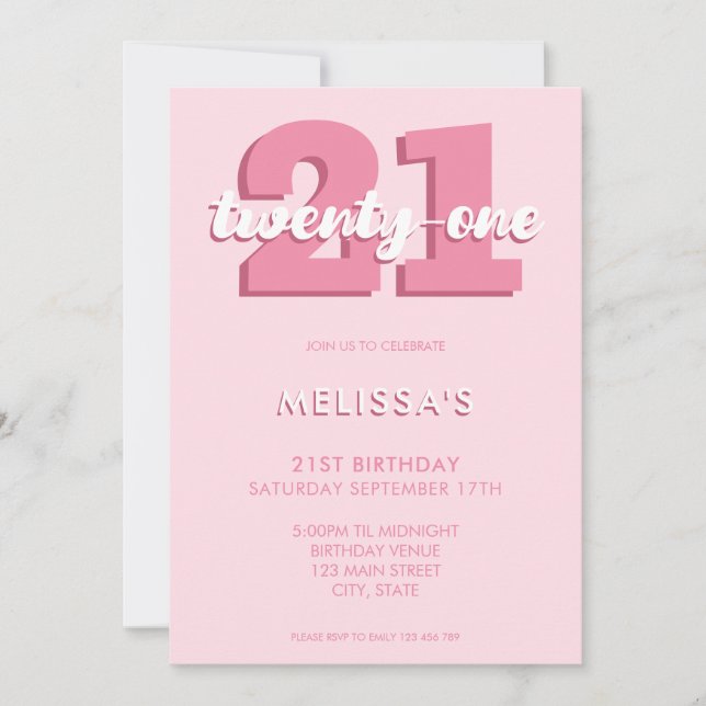 Trendy Pink Modernes Drehbuch 21. Geburtstag Einladung (Vorderseite)
