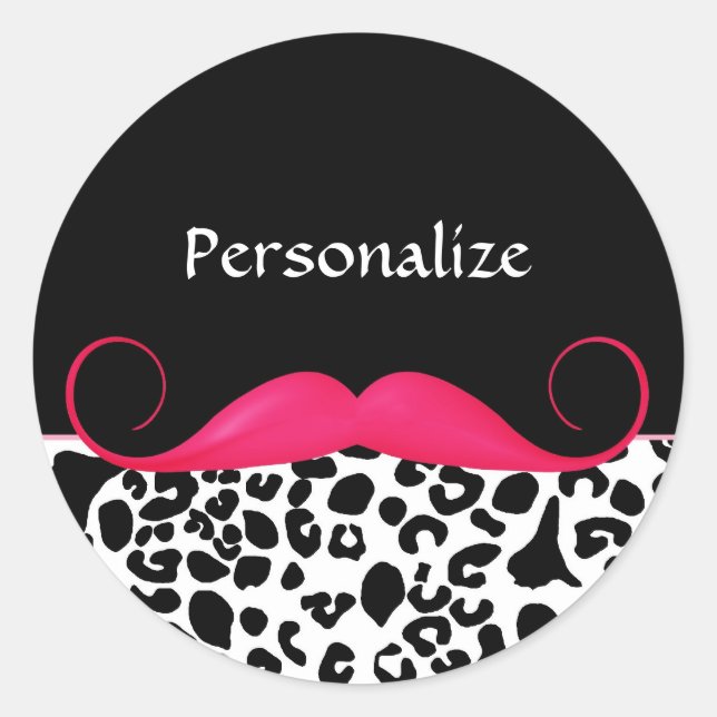 Trendy Pink Mustache Girl Leopard Print mit Namen Runder Aufkleber (Vorderseite)