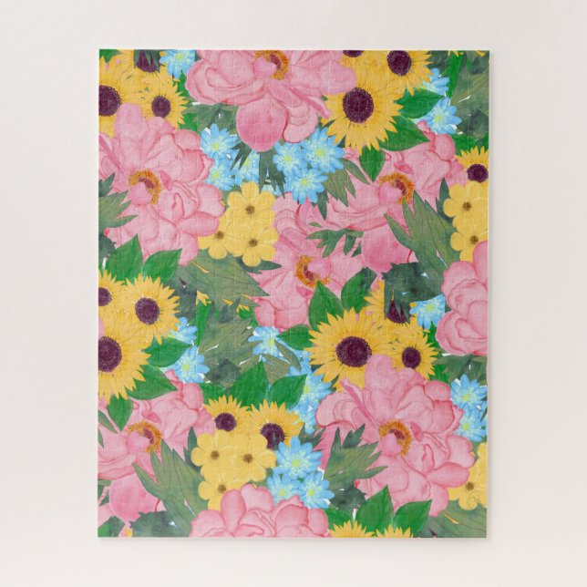 Trendy Pink Peonies Gelbe Sonnenblumen Wasserfarbe Puzzle (Vertikal)